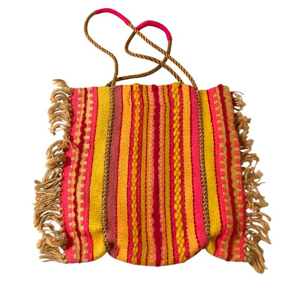Handwoven Wool Striped Bohemian Tote Bag With Fringe Pink Orange Yellow - Picture 1 of 5